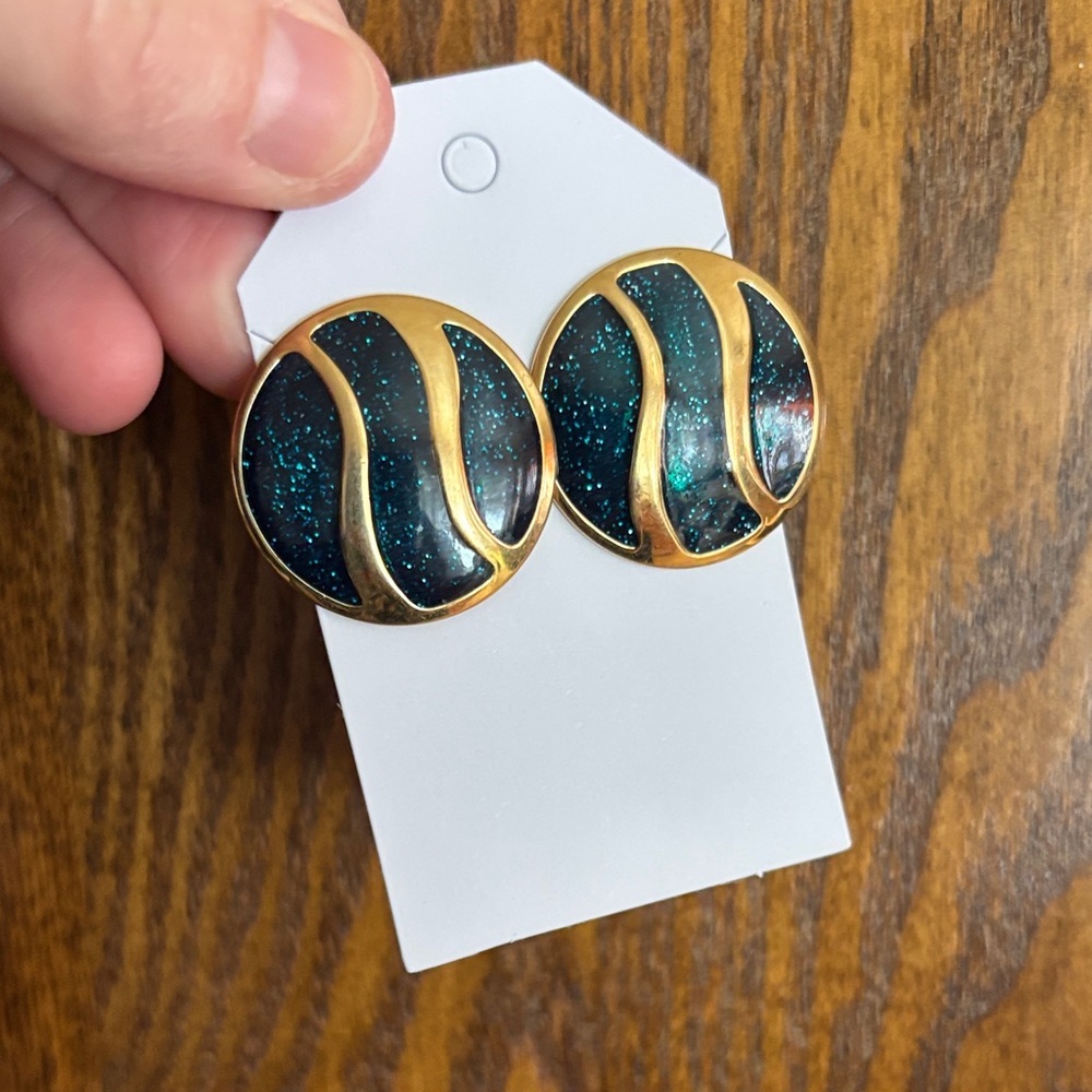 Vintage 80s Gold and Teal Glitter Round Stud Earrings